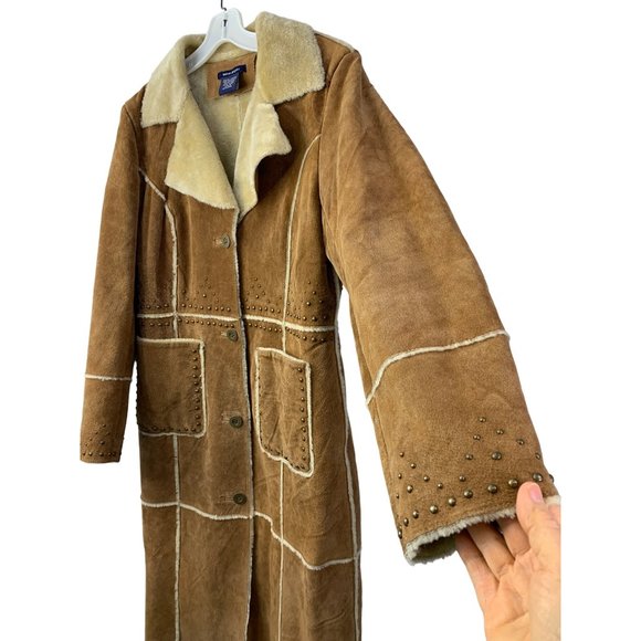 Boston Proper Patchwork Leather Midi Coat Size 12 Studs GUC 6635 Western - Picture 8 of 13